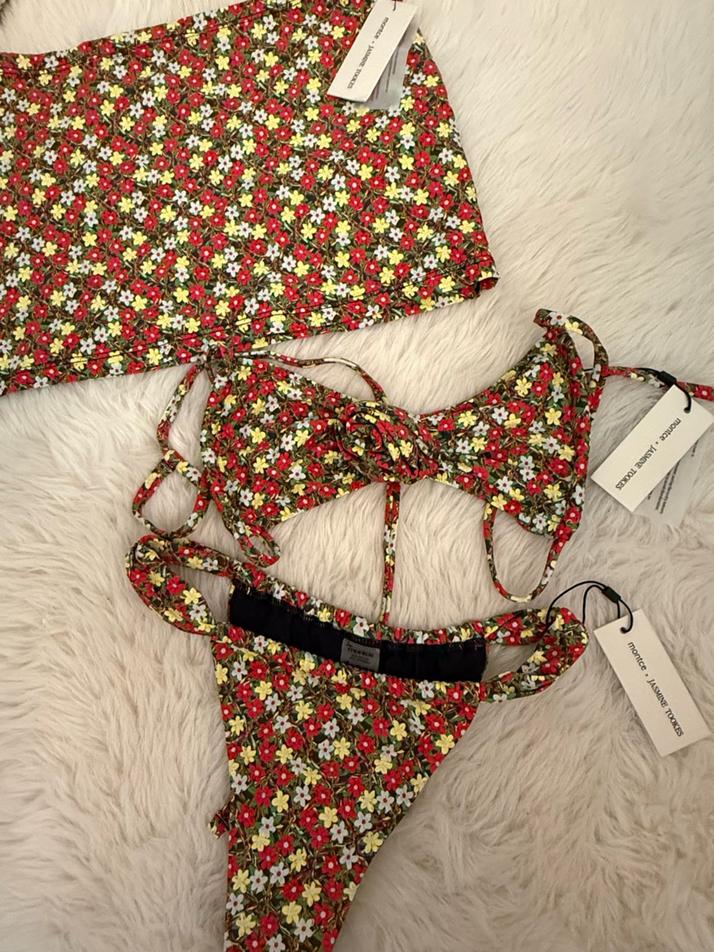Montce Floral Tie Bikini Set in Green with Red, Yellow & White Blossoms
